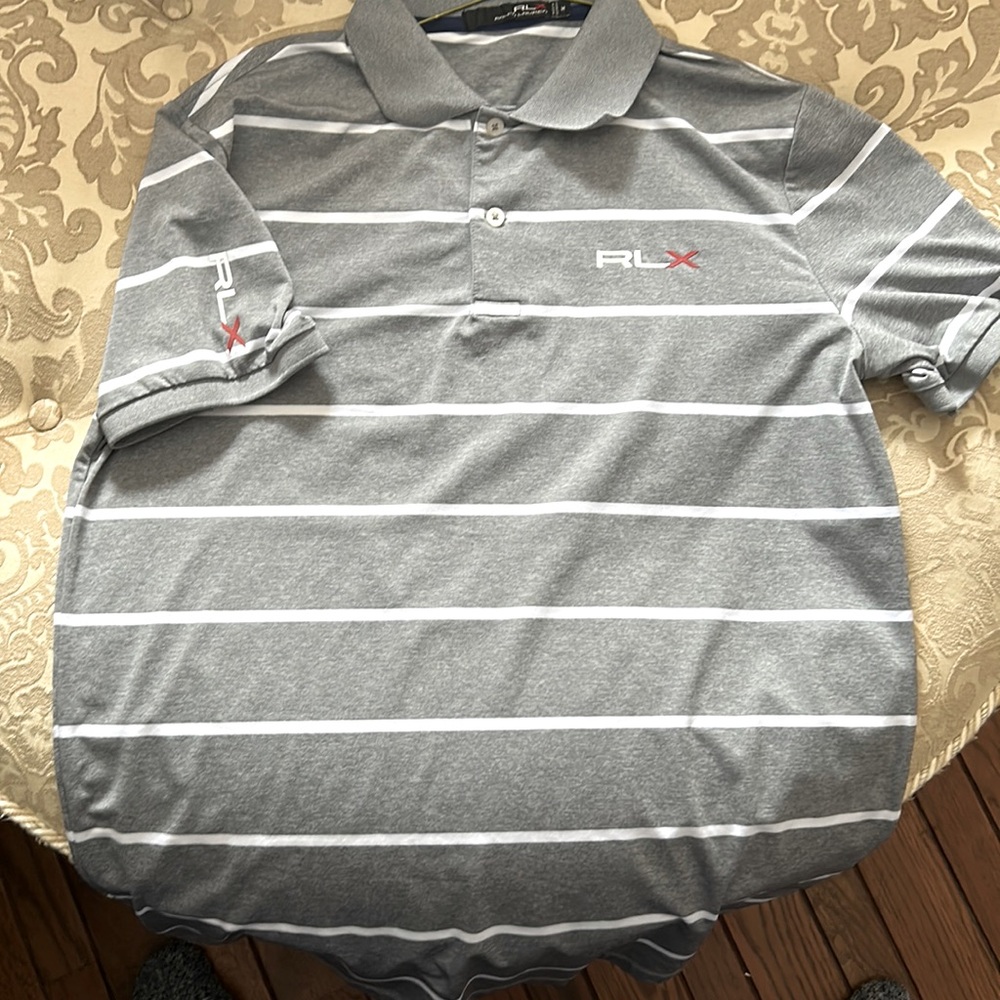 RLX Ralph Lauren Golf Polo Shirt Mens Medium Grey/White Striped Short Sleeve